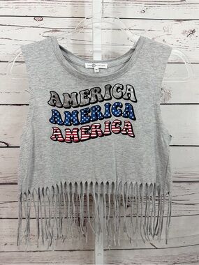 Love & Lazy Days Gray 'America' Fringe Tank Top Size Medium